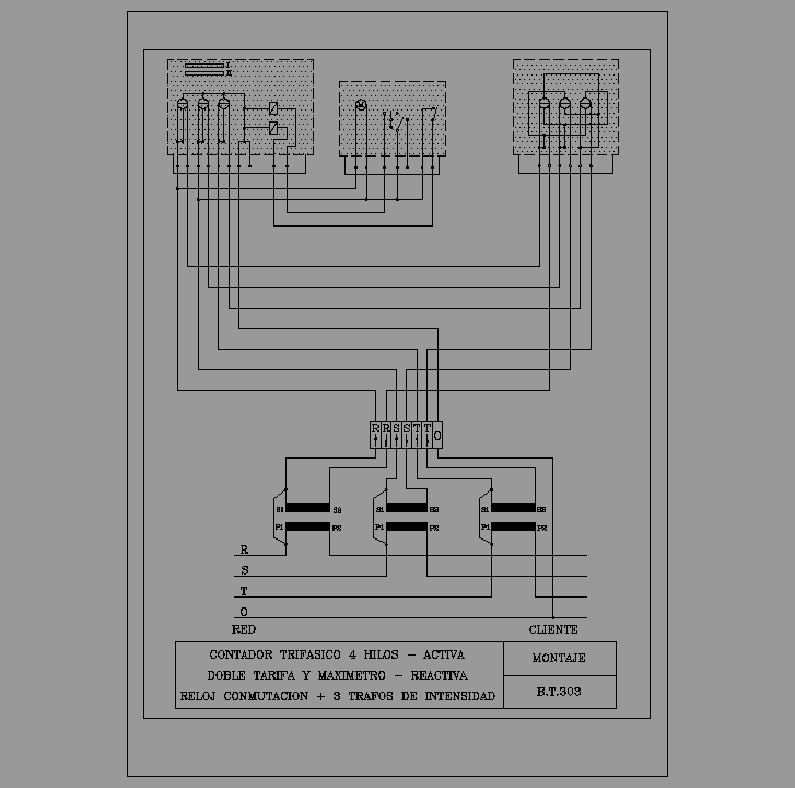 Bloque Autocad Contador trifásico 4 hilos activa, doble tarifa y maxímetro, reactiva, reloj conmutación + 3 trafos de intensidad, ERZ BT 303.
